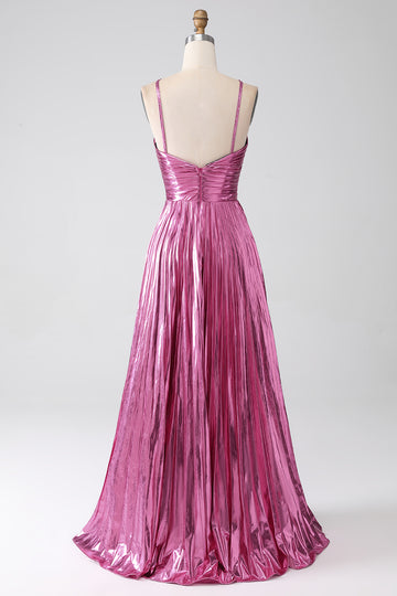 Fuchsia A-Line Spaghetti Straps Pleated Metallic Prom Dress with Slit